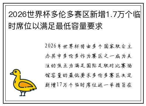 2026世界杯多伦多赛区新增1.7万个临时席位以满足最低容量要求